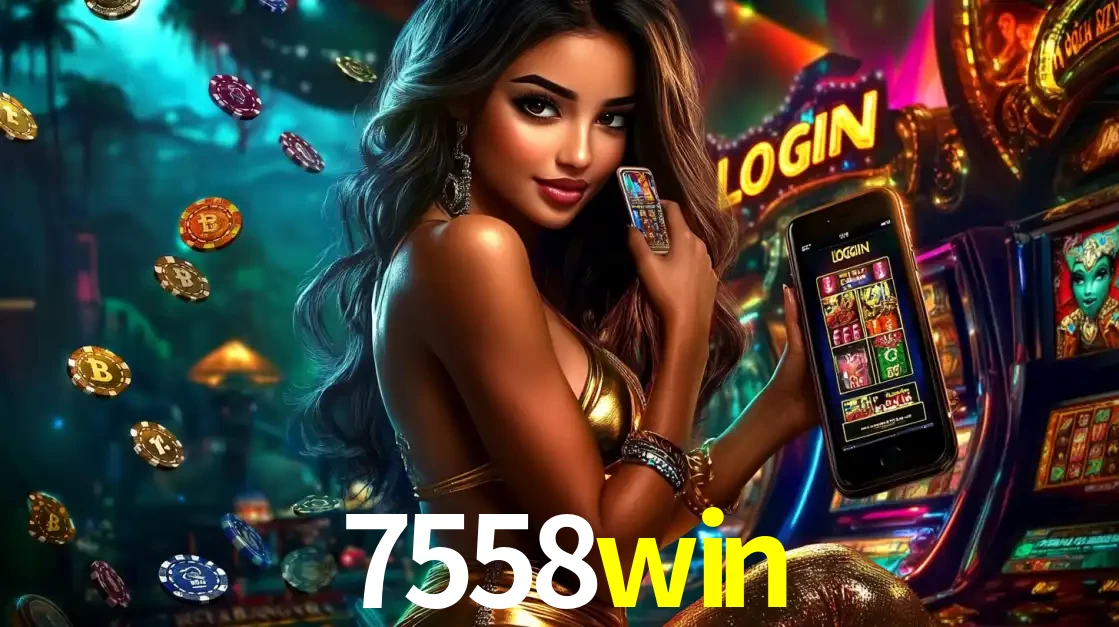 Mulher em um cenário de cassino temático de aventura, mostrando o app de caça-níqueis da 7558win no celular. Fichas de apostas flutuam ao redor.